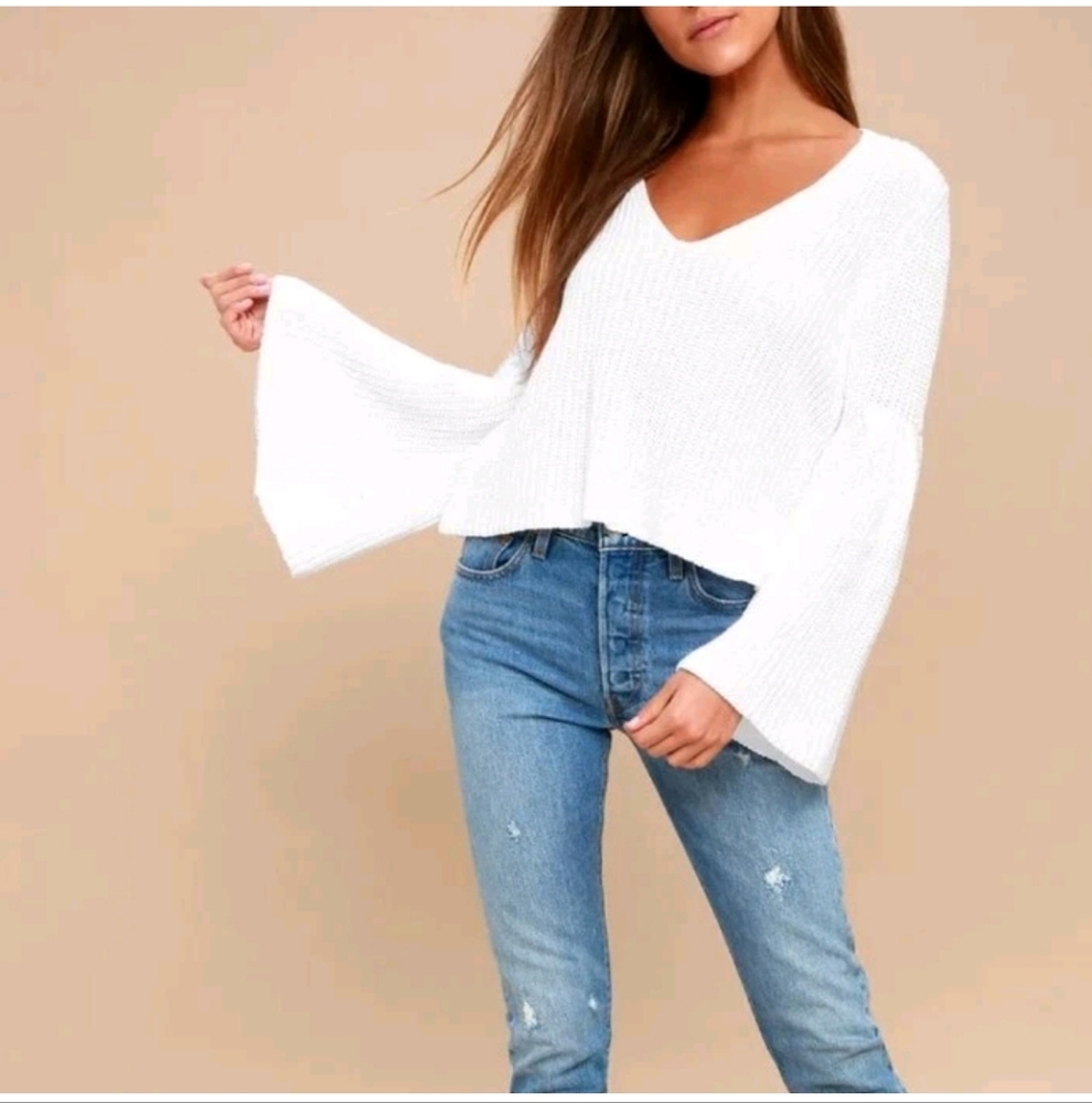 Free People White Cotton Oversized Cropped V Neck Sweater Size Medium